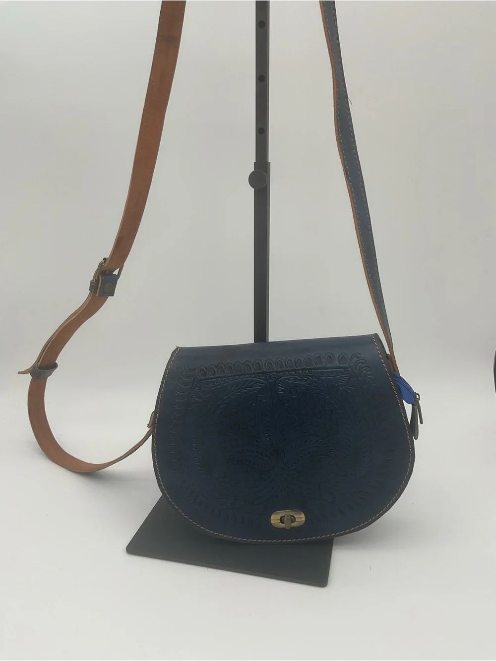Berber Embellished Navy Blue Leather Crossbody/Saddle Bag with Adjustable Strap